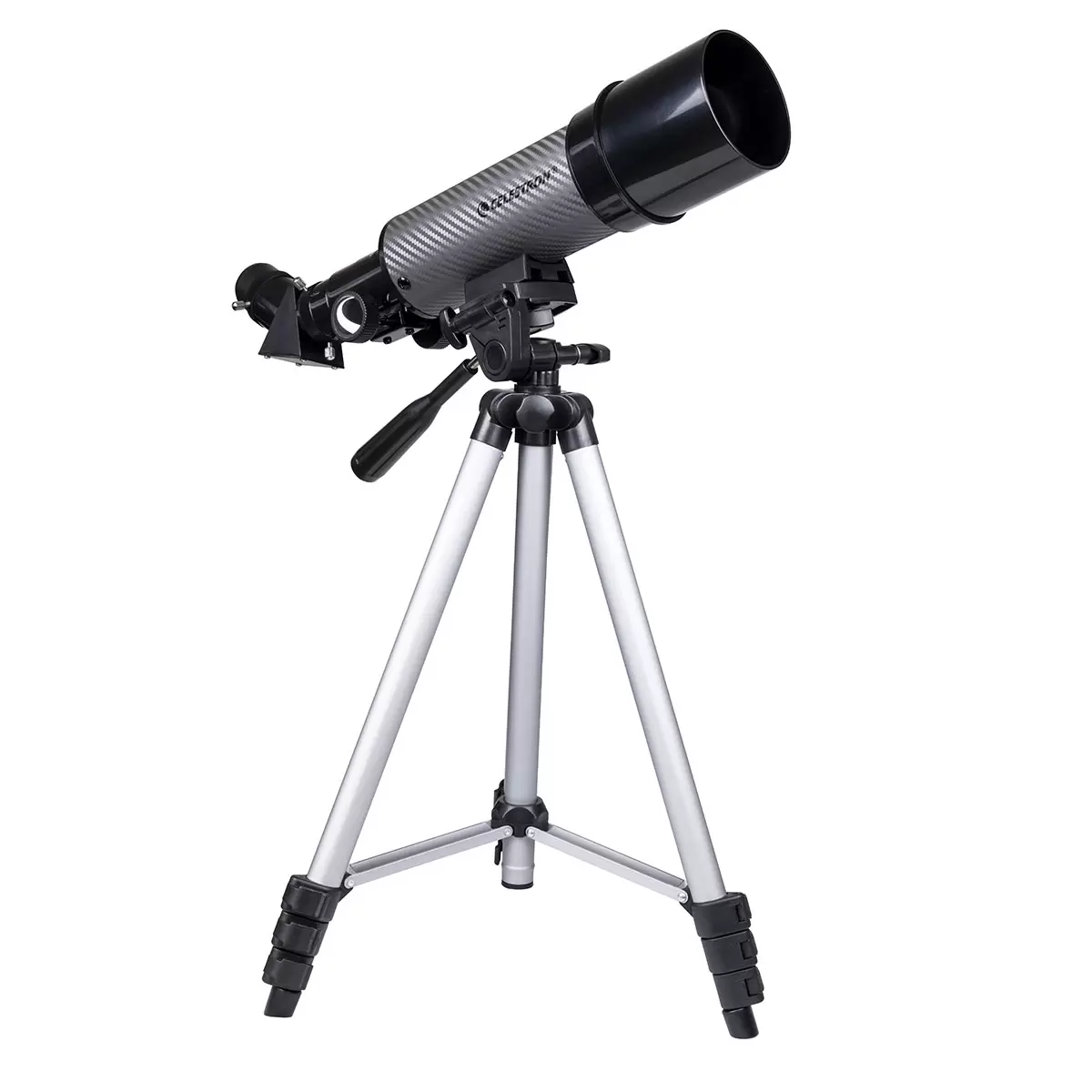 Side view of the compact black and silver Celestron Travel Scope 60DX telescope mounted on its aluminum tripod, with its custom padded travel backpack sitting open alongside it.