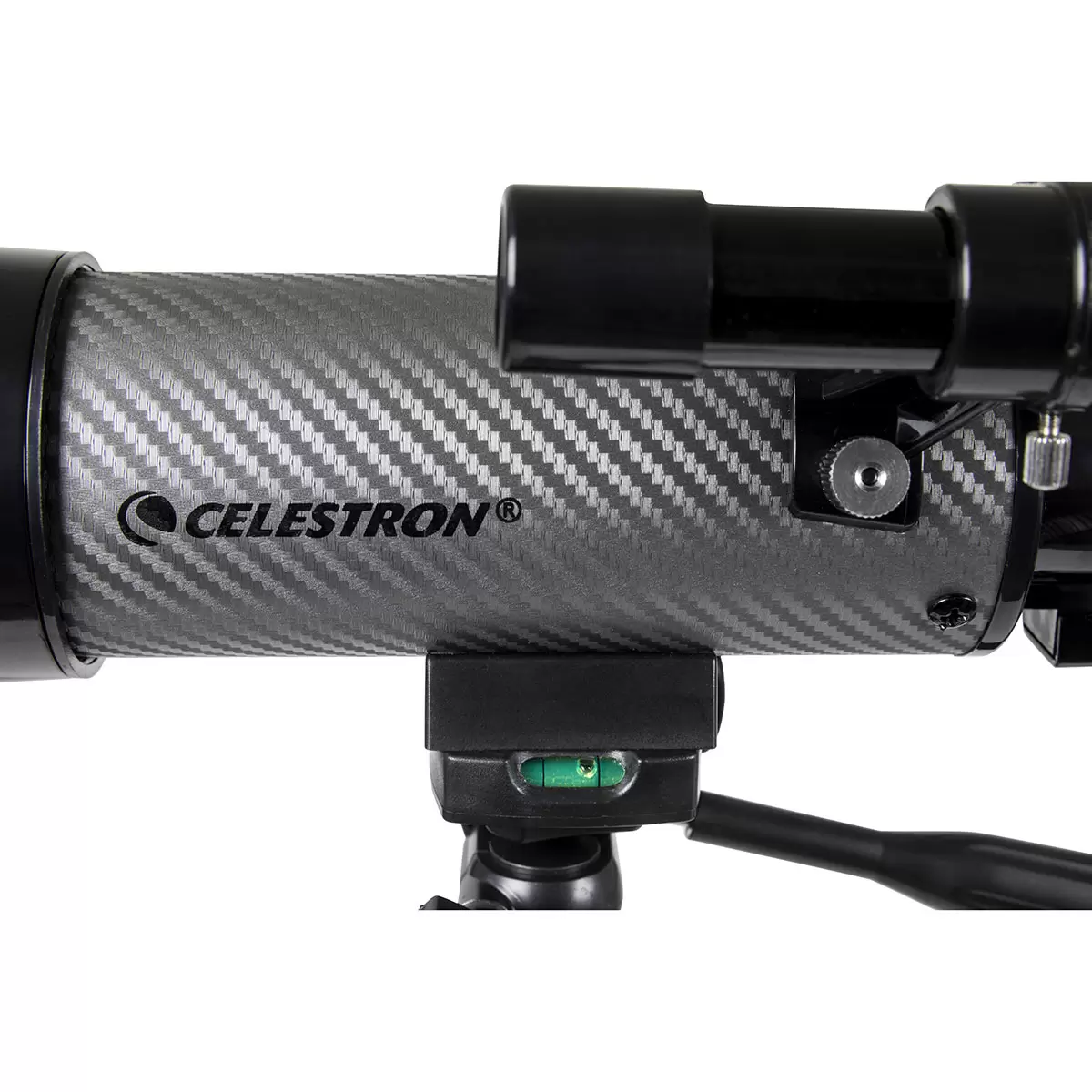 Side view of the compact black and silver Celestron Travel Scope 60DX telescope mounted on its aluminum tripod, with its custom padded travel backpack sitting open alongside it.