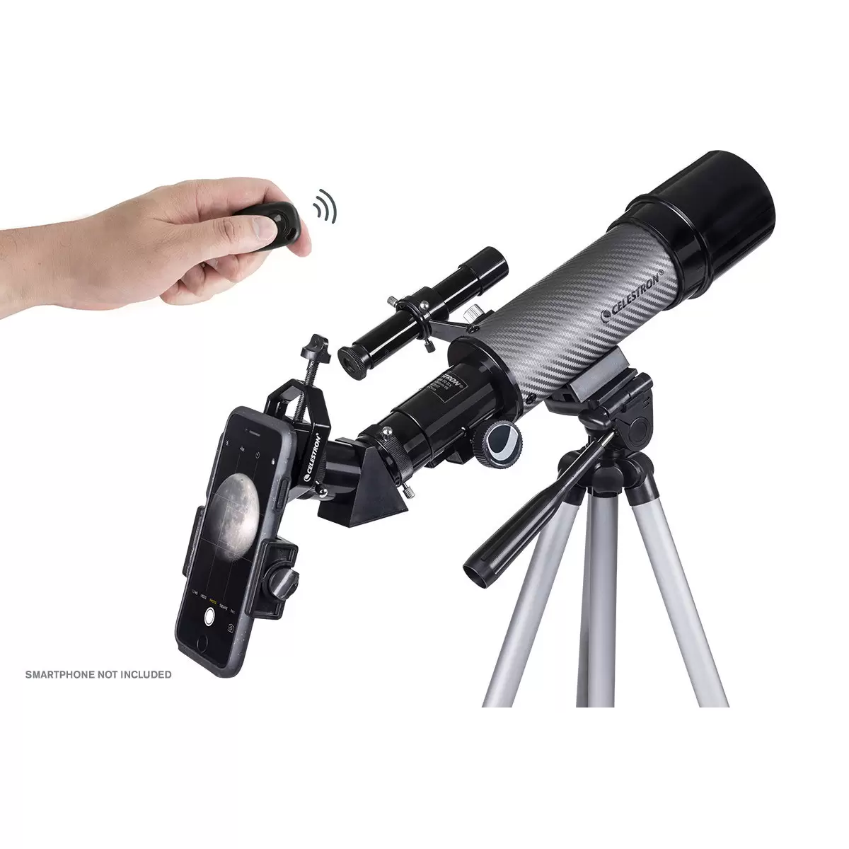 Side view of the compact black and silver Celestron Travel Scope 60DX telescope mounted on its aluminum tripod, with its custom padded travel backpack sitting open alongside it.