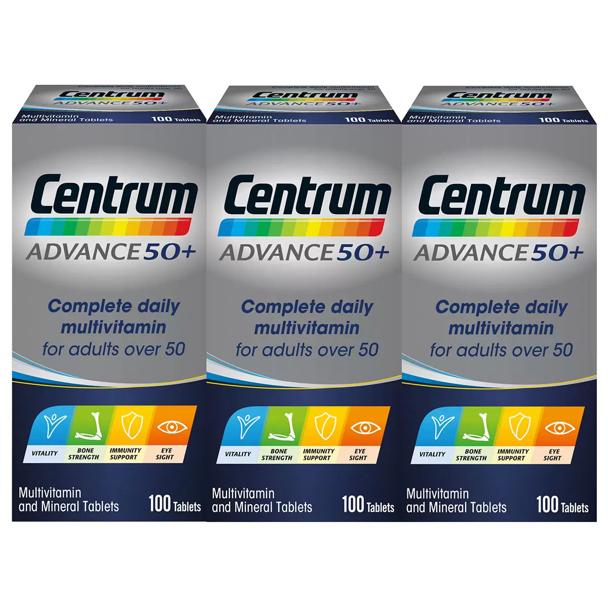 Three white bottles of Centrum Advance 50+ multivitamin 100-count tablets arranged on a clean white surface.