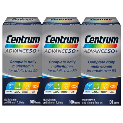 Three white bottles of Centrum Advance 50+ multivitamin 100-count tablets arranged on a clean white surface.