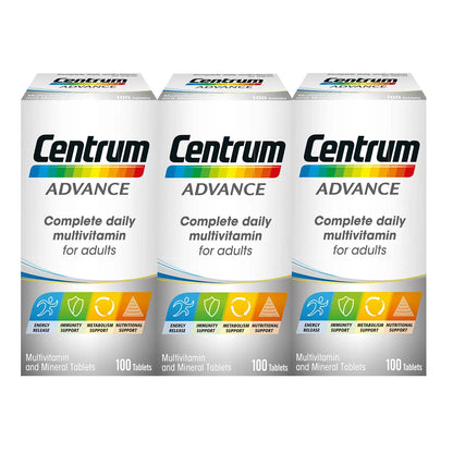 Centrum Advanced Vitamins 3 x 100 Count multivitamin supplement for immune support, energy metabolism, and daily nutritional wellness.