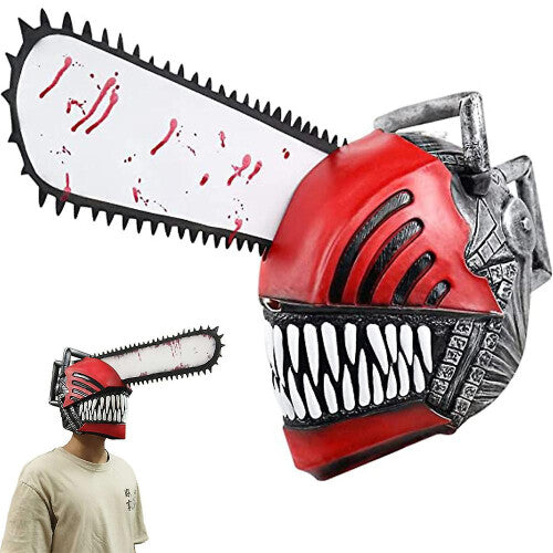 Front view of the adult Chainsaw Man latex headgear mask showing full head coverage, sharp mechanical details, and aggressive anime sculpt.