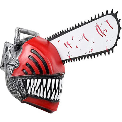 Front view of the adult Chainsaw Man latex headgear mask showing full head coverage, sharp mechanical details, and aggressive anime sculpt.