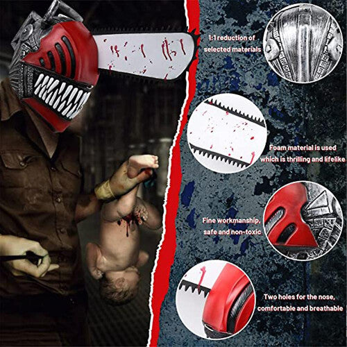 Front view of the adult Chainsaw Man latex headgear mask showing full head coverage, sharp mechanical details, and aggressive anime sculpt.
