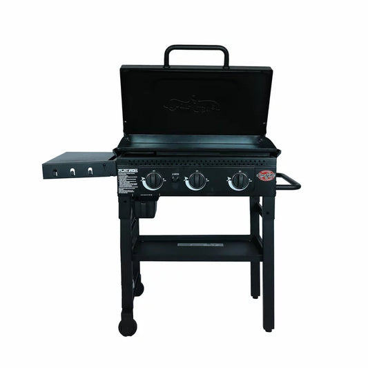 Char-Griller 3 Burner Flat Iron Gas Griddle with a variety of food cooking on the spacious metal surface outdoors.