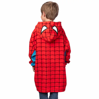 Front view of a red and blue Character Kid's oversized fleece hoodie featuring Spider-Man embroidery and a kangaroo pocket.