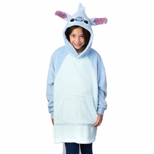 Front view of a blue Character Kid's oversized fleece hoodie featuring Stitch embroidery and a kangaroo pocket.
