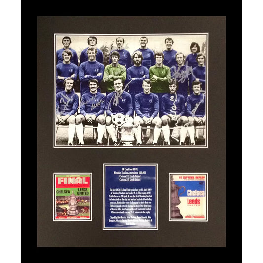 A professionally framed commemorative photograph of Chelsea FC’s 1970 FA Cup victory, featuring crisp hand-signatures from eight team legends on a dark-wood frame.