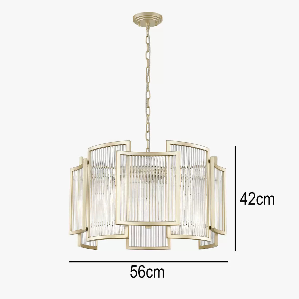 A 56cm wide Chicago five-light ceiling chandelier with a warm matte gold metal frame and tiered, hanging clear glass rods, suspended by an adjustable chain in a modern high-ceilinged entryway.