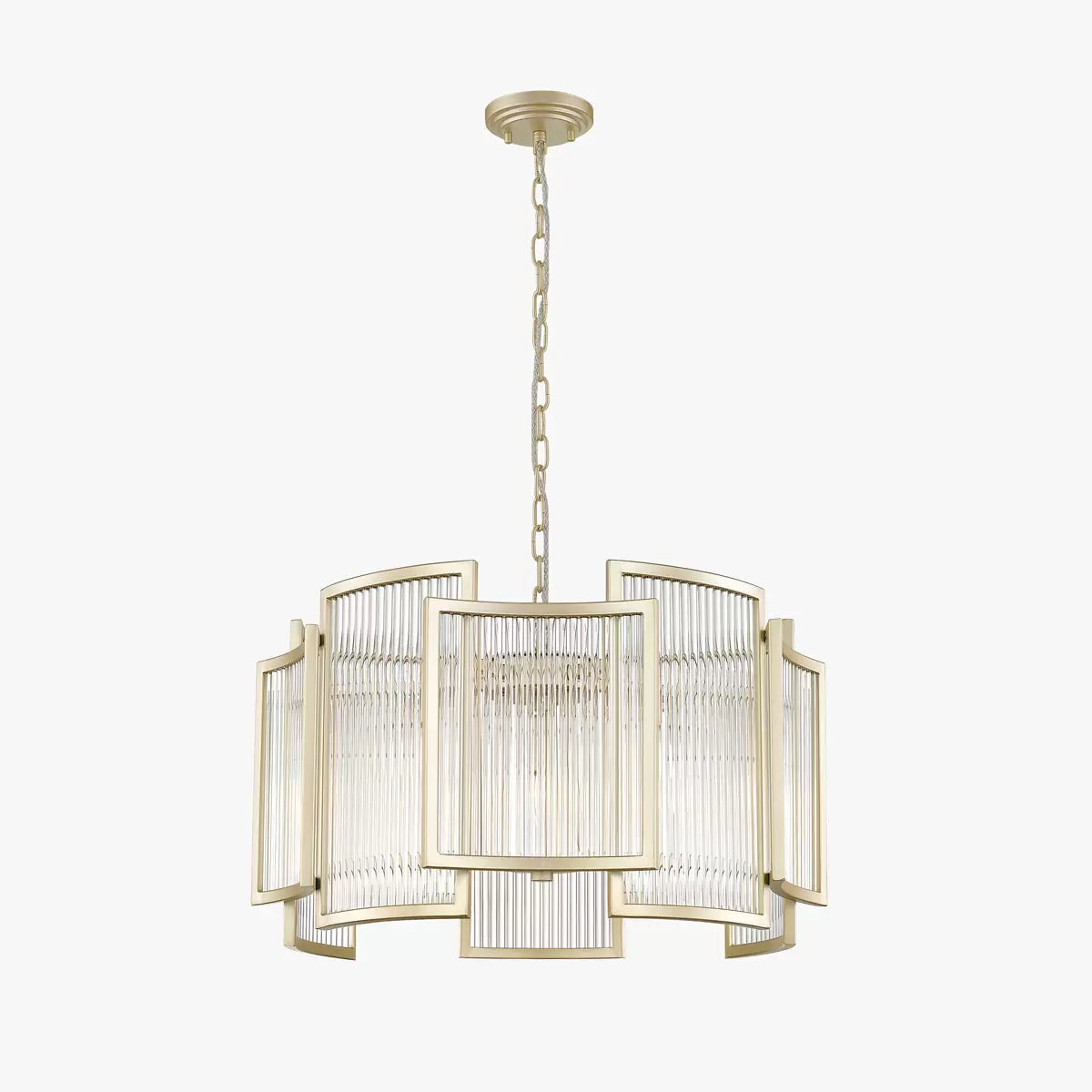 A 56cm wide Chicago five-light ceiling chandelier with a warm matte gold metal frame and tiered, hanging clear glass rods, suspended by an adjustable chain in a modern high-ceilinged entryway.