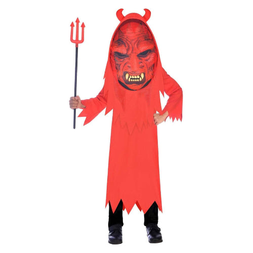 Front view of a child wearing the oversized red devil big head mask and matching jumpsuit against a spooky halloween backdrop.
