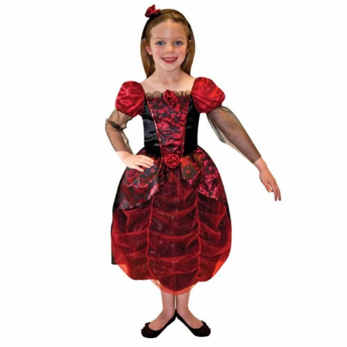 A child gothic ball gown costume for ages 9-11 displayed on a mannequin, showcasing its dark layered skirt and elegant victorian-inspired bodice against a moody backdrop.