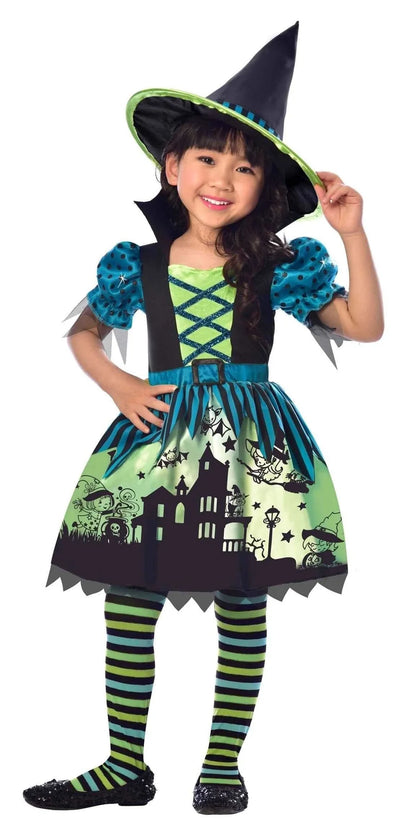 A child wearing a classic black Hocus Pocus witch costume complete with a tall pointy hat and holding a toy broom outdoors against an autumn backdrop.