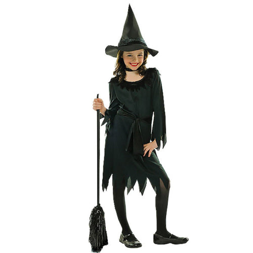 Front view of the Child Little Witch Costume for ages 8 to 10 showing a black and purple spellcaster dress displayed on a mannequin against a neutral background.