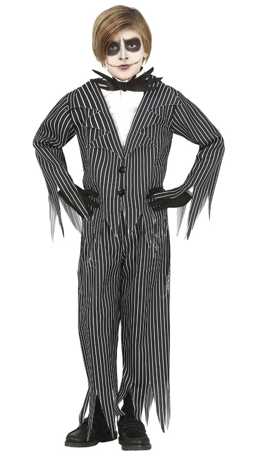 Front view of a child wearing the black and white pinstripe Jack Skeleton suit with bat bow tie against a dark background.