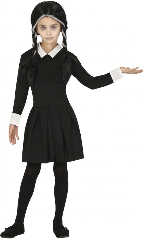 Front view of the Child Spooky Girl Wednesday Addams dress in black with crisp white pointed collar and cuffs displayed on a child mannequin against a neutral gray background.