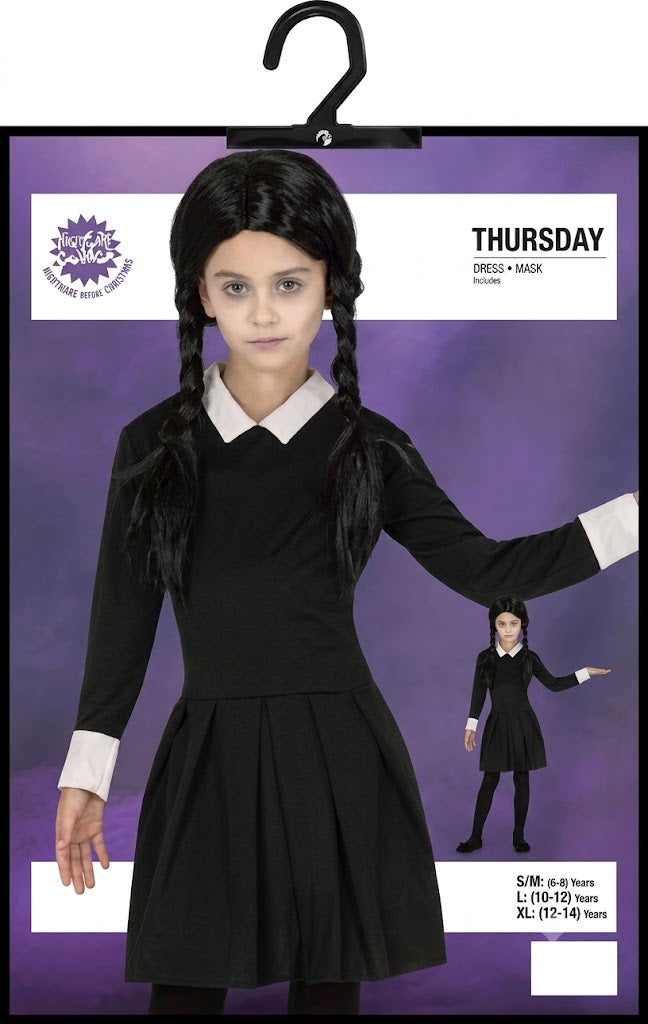Front view of the Child Spooky Girl Wednesday Addams dress in black with crisp white pointed collar and cuffs displayed on a child mannequin against a neutral gray background.