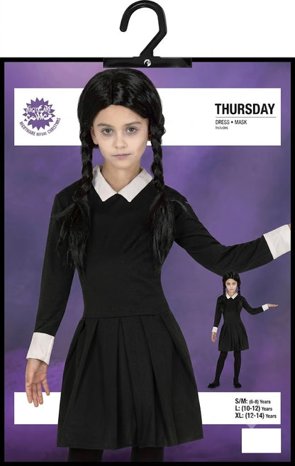 Front view of the Child Spooky Girl Wednesday Addams dress in black with crisp white pointed collar and cuffs displayed on a child mannequin against a neutral gray background.