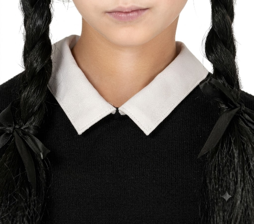 Front view of the Child Spooky Girl Wednesday Addams dress in black with crisp white pointed collar and cuffs displayed on a child mannequin against a neutral gray background.