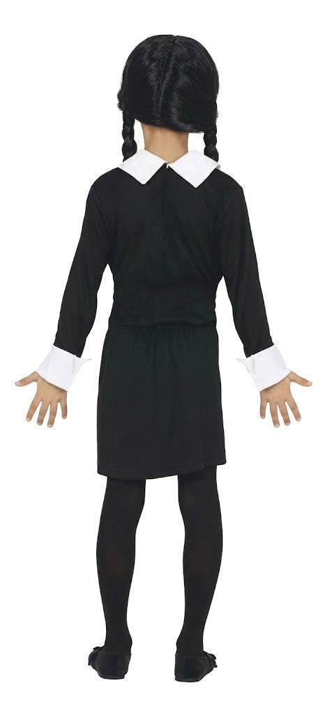 Front view of the Child Spooky Girl Wednesday Addams dress in black with crisp white pointed collar and cuffs displayed on a child mannequin against a neutral gray background.