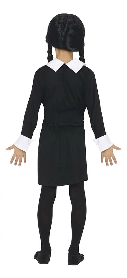 Front view of the Child Spooky Girl Wednesday Addams dress in black with crisp white pointed collar and cuffs displayed on a child mannequin against a neutral gray background.