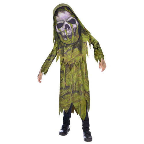 Front view of a child wearing the Swamp Zombie Big Head Halloween Costume featuring an oversized moss-covered green mask and tattered brown suit against a clean white backdrop.