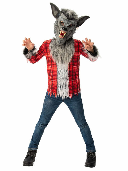 Front view of a toddler wearing the Bristol Novelty Werewolf Costume featuring frayed plaid shirt detail, faux fur trim, and soft ears on a plain background.