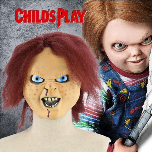 Front view of a Child's Play Chucky horror latex mask featuring realistic red synthetic hair, facial scar details, and wide eye cutouts.