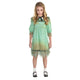 Front view of a young girl wearing a distressed vintage-style creepy doll Halloween dress standing in a dimly lit doorway.