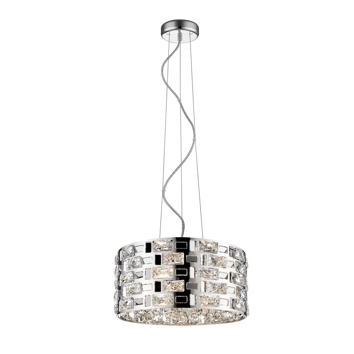 Close-up angled view of the 37cm Miami 5 Light Pendant Chandelier showing the polished chrome drum frame and clear geometric crystals reflecting ambient light in a stylish modern dining room.