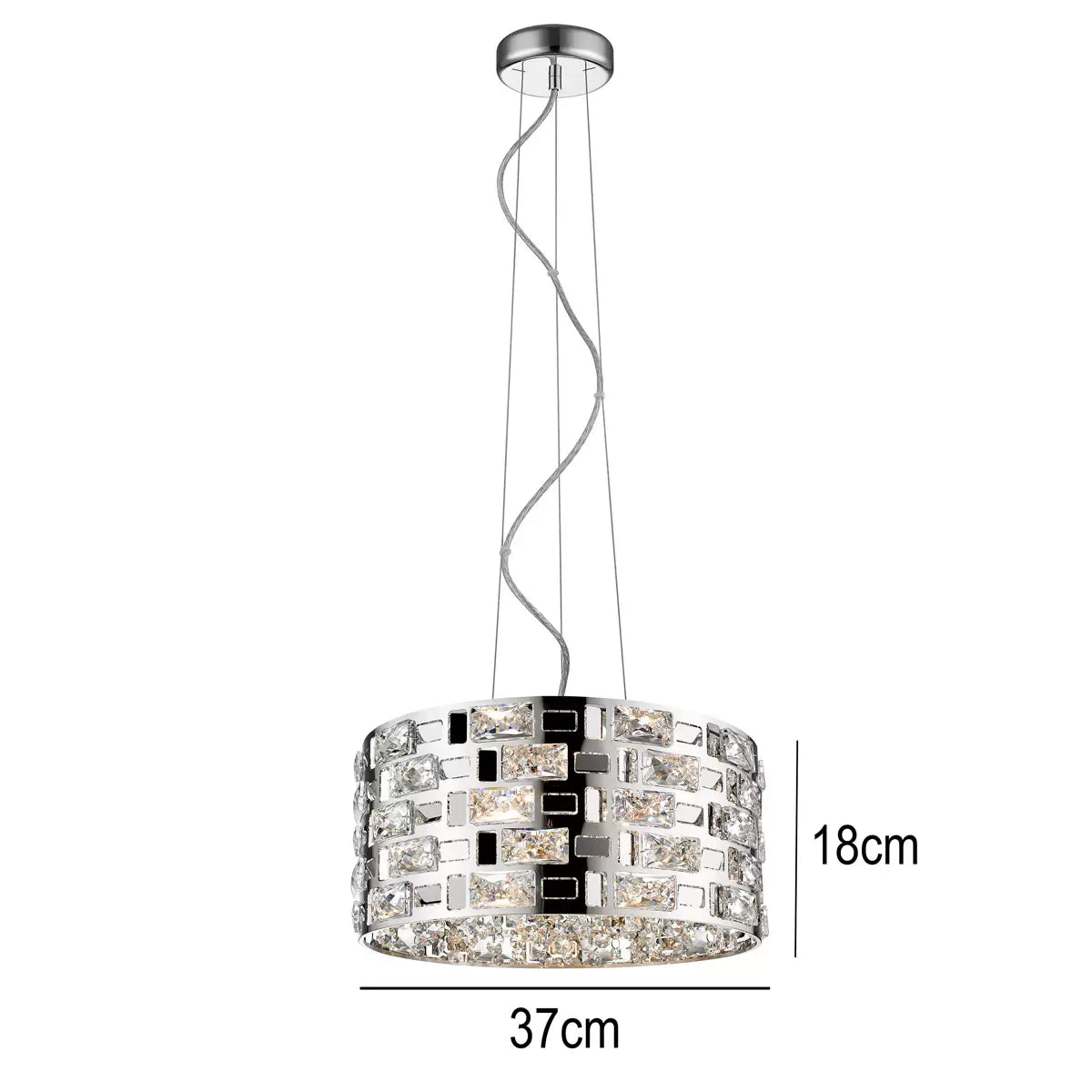 Close-up angled view of the 37cm Miami 5 Light Pendant Chandelier showing the polished chrome drum frame and clear geometric crystals reflecting ambient light in a stylish modern dining room.