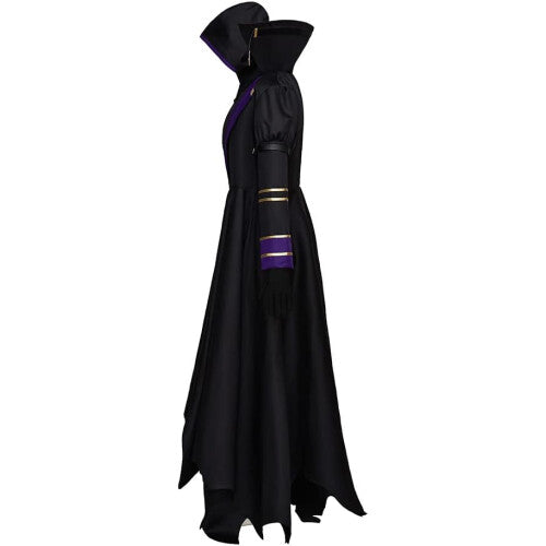 Front angle view of the black Cid Kagenou cosplay costume suit including jacket, vest, and trousers displayed on a mannequin against a neutral background.