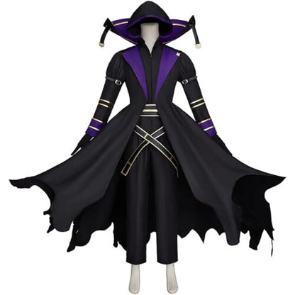 Front angle view of the black Cid Kagenou cosplay costume suit including jacket, vest, and trousers displayed on a mannequin against a neutral background.
