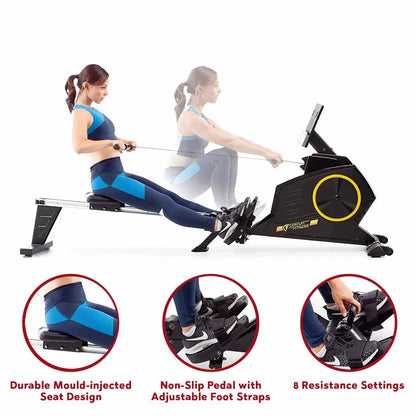 Black Circuit Fitness 986RW Deluxe Magnetic Folding Rowing Machine shown from a side angle with digital LCD console, foam handlebar, and extended steel rail set up in a modern home workout area.