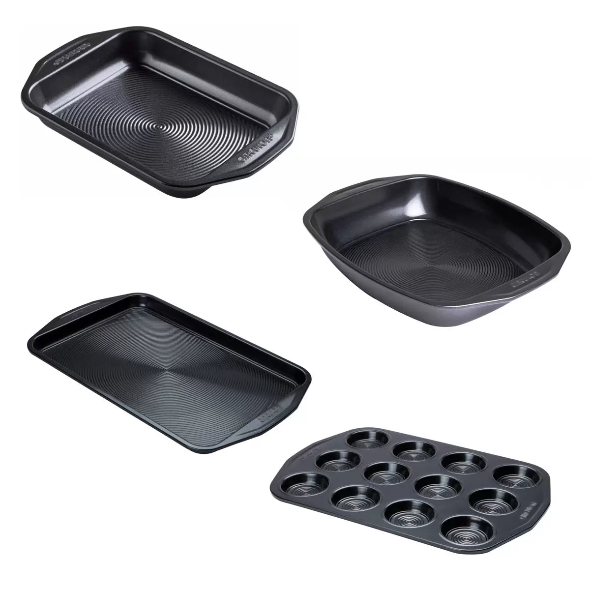 Circulon Ultimum 4-piece professional roasting and baking set laid out on a marble kitchen counter.