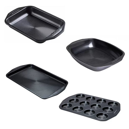 Circulon Ultimum 4-piece professional roasting and baking set laid out on a marble kitchen counter.