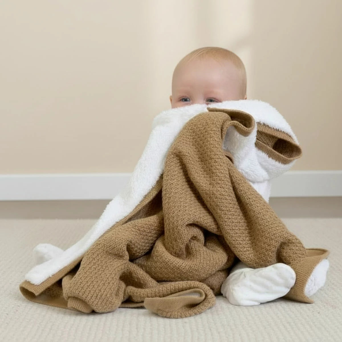 Clair De Lune organic cotton sherpa blanket laid flat to showcase the 70 x 100 cm size and dual-sided texture.