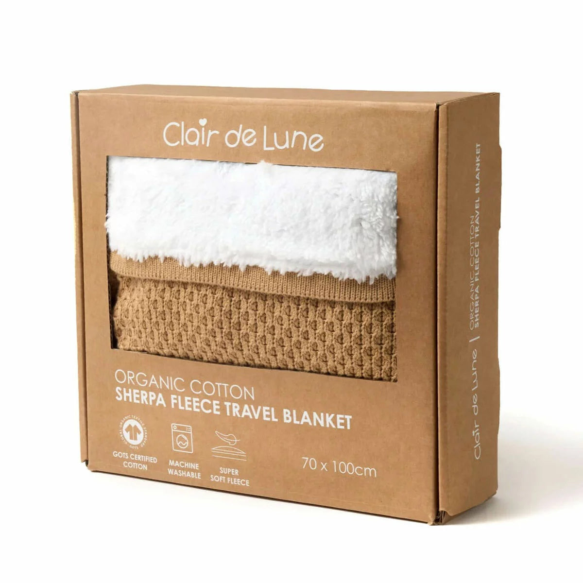 Clair De Lune organic cotton sherpa blanket laid flat to showcase the 70 x 100 cm size and dual-sided texture.