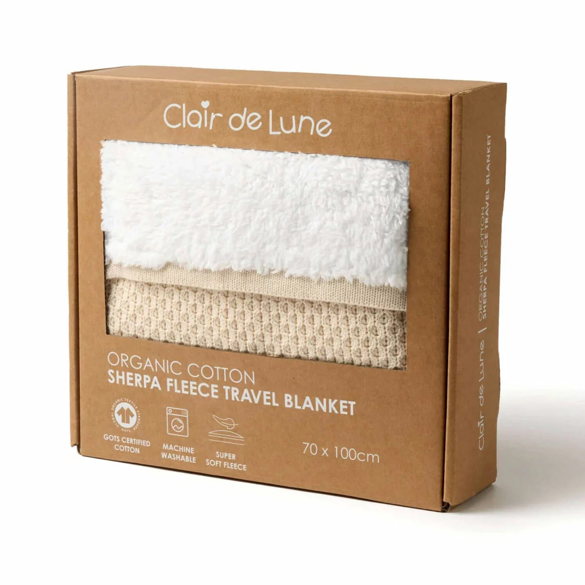 Clair De Lune Organic Cotton Sherpa Fleece Travel Blanket 70 x 100 cm soft baby blanket with cosy sherpa fleece lining