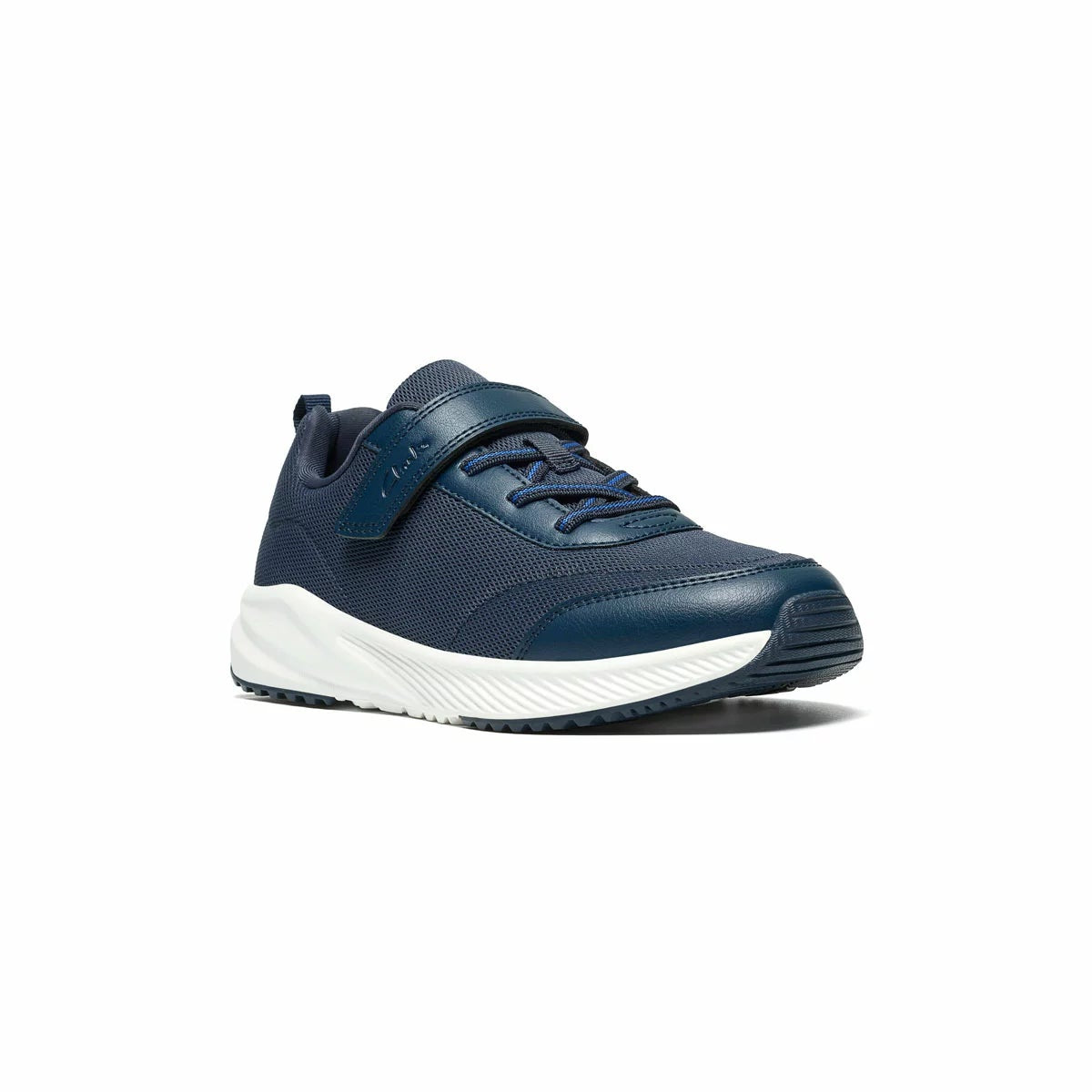 Side profile of the black Clarks Kids Deyes Coast Trainer featuring dual riptape straps, padded collar, and reinforced toe bumper on a clean background.