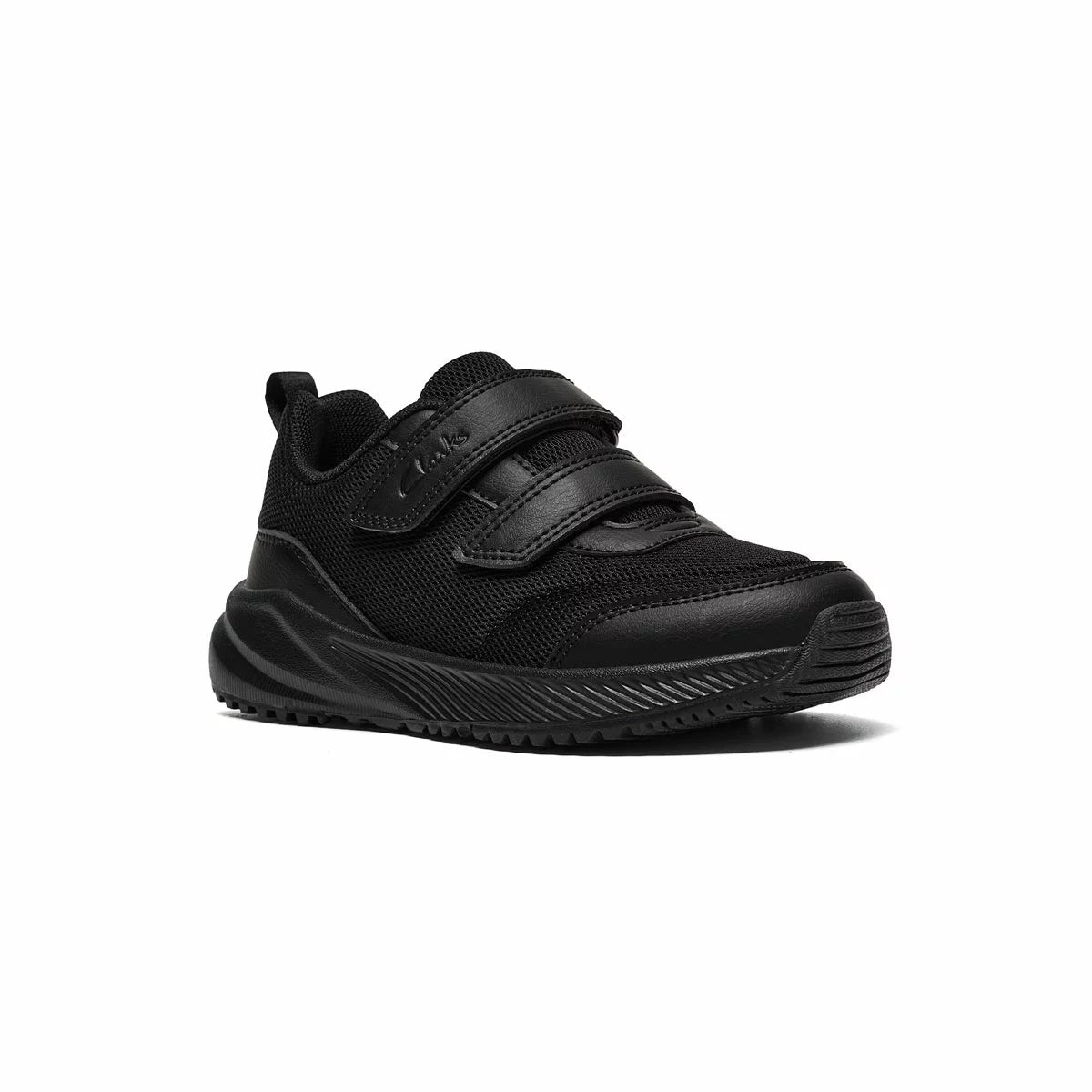 Side profile of the black Clarks Kids Deyes Coast Trainer featuring dual riptape straps, padded collar, and reinforced toe bumper on a clean background.