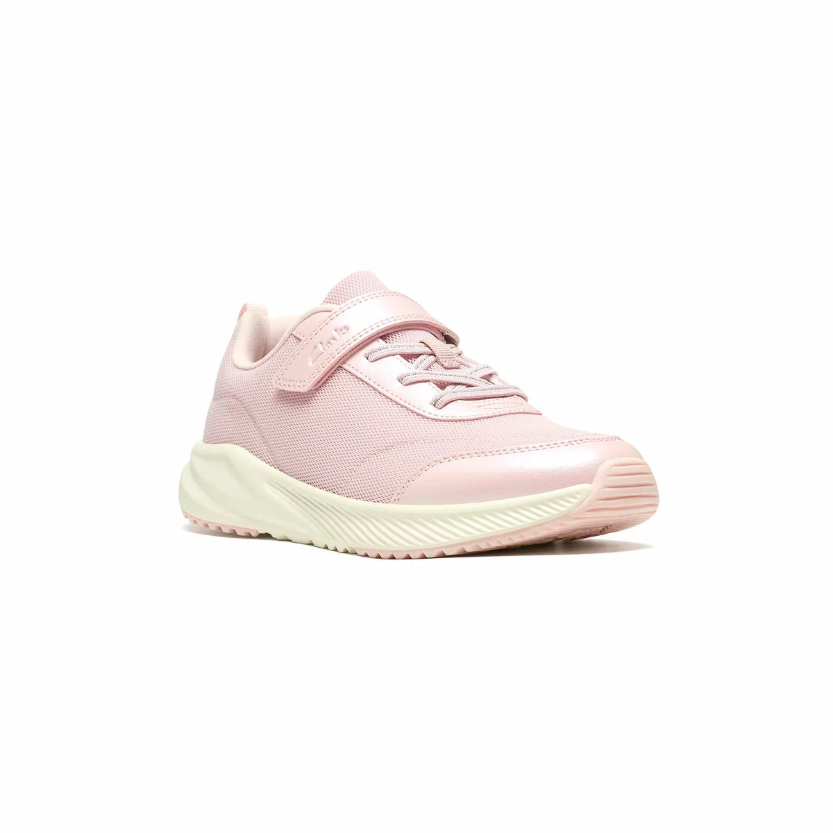 Side profile of the black Clarks Kids Deyes Coast Trainer featuring dual riptape straps, padded collar, and reinforced toe bumper on a clean background.