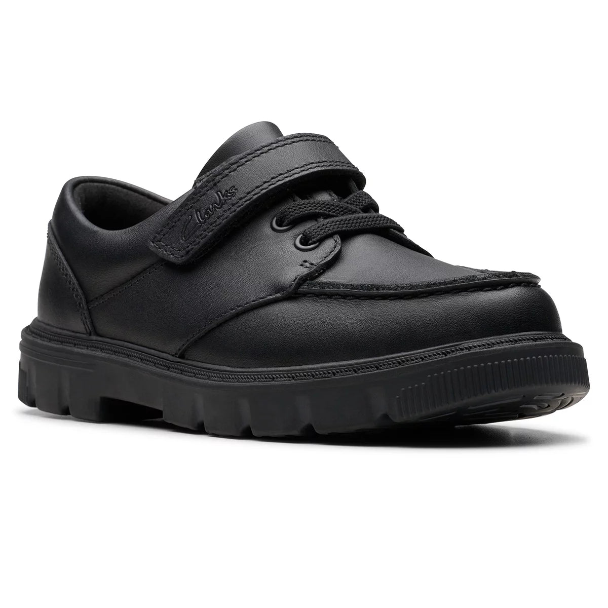 Side view of Clarks Kids Lorcam Edge Black Leather School Shoes featuring elastic laces, a secure riptape strap, and a flexible dark rubber sole.