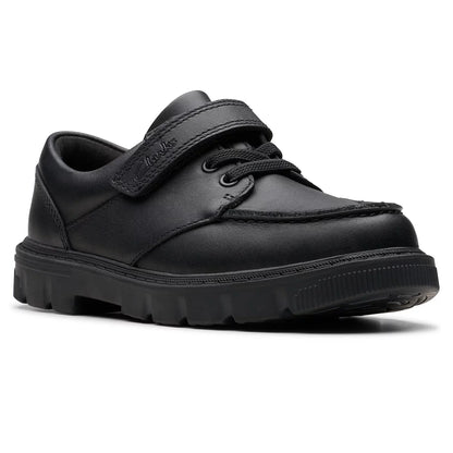 Side view of Clarks Kids Lorcam Edge Black Leather School Shoes featuring elastic laces, a secure riptape strap, and a flexible dark rubber sole.