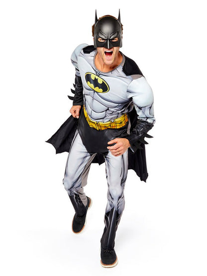 Front view of the Classic Batman Muscle Chest Adult Costume featuring a molded dark gray torso, black cape, and iconic cowl against a clean background.