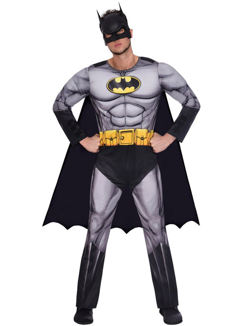 Front view of the Classic Batman Muscle Chest Adult Costume featuring a molded dark gray torso, black cape, and iconic cowl against a clean background.