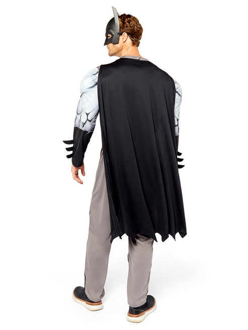 Front view of the Classic Batman Muscle Chest Adult Costume featuring a molded dark gray torso, black cape, and iconic cowl against a clean background.