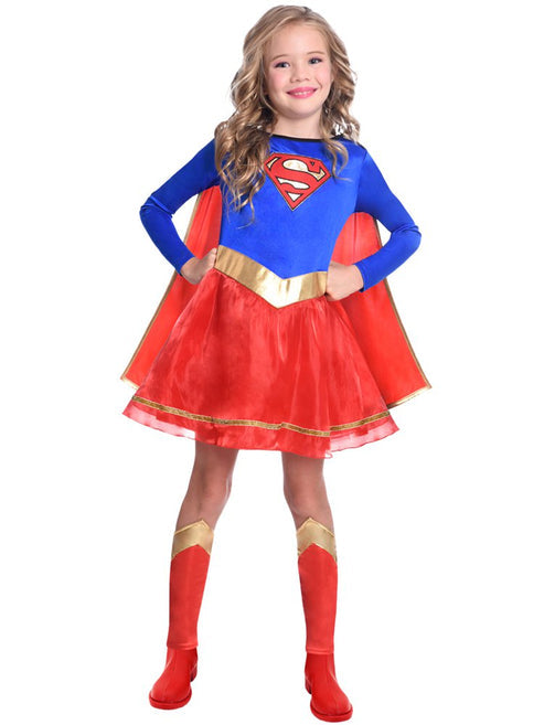 Front view of the Classic Supergirl child costume showing the blue top with House of El emblem, red skirt, metallic belt, and detachable cape.