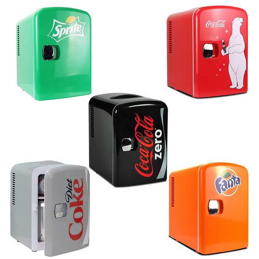 Front angle view of the vibrant red Coca-Cola Classic 4L mini fridge with its polished chrome handle locked, standing on a minimalist dark wood desk alongside office accessories.